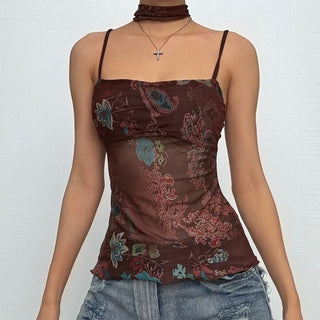Ruffle v neck flower print mesh cami top