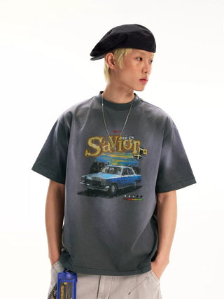 [Monterest] Washed Car Print Relaxed Fit Tee