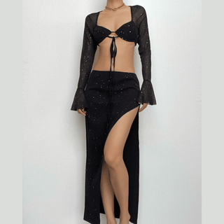 Self tie long sleeve textured backless slit low cut midi skirt set-final-sale