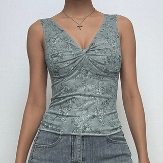 V neck ruched flower print tank top