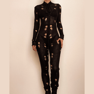 Crochet hollow out high neck lace up solid jumpsuit-final-sale