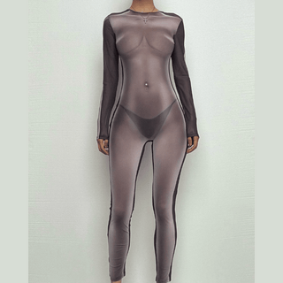 Long sleeve crewneck body print zip-up sheer mesh jumpsuit