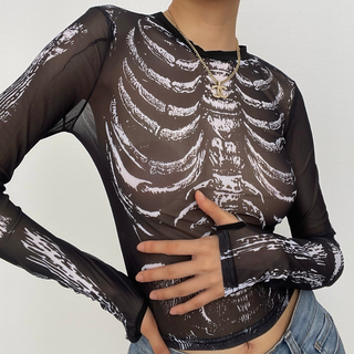 Sheer mesh contrast print see through gloves long sleeve top
