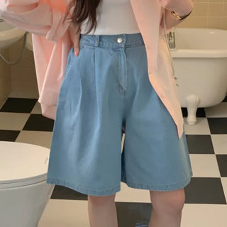 Back elastic light denim pleated shorts (2c)