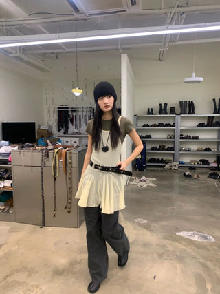 [NeverSeez] Mesh Layered Pleated Vest Dress