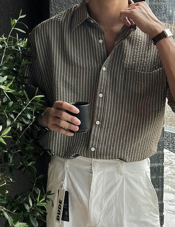 Brown striped short-sleeve shirt (2 colors)