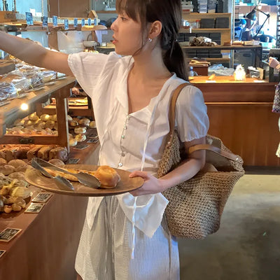 Button Ribbon Summer Short-Sleeve Blouse