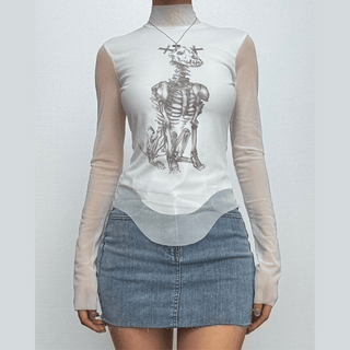 Long sleeve high neck skeleton dog print mesh top