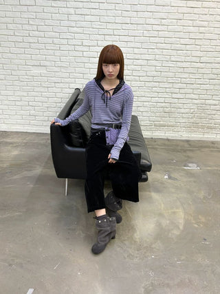 [NeverSeez] Striped Hooded Base Layer Knit Top