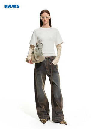 [NOTAWEAR] Washed Flocked Wide Leg Jeans