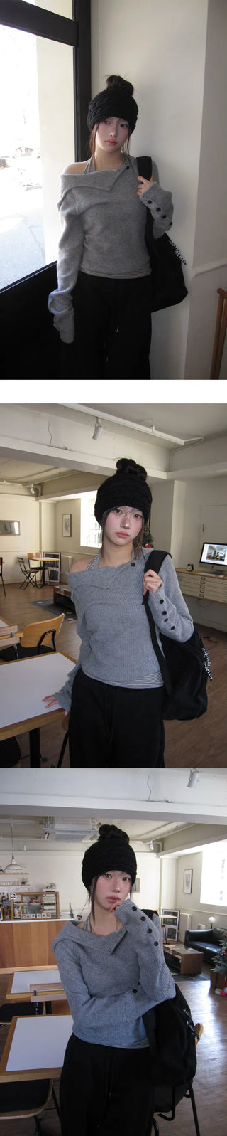 Curling Button Hood Button Knitwear Ribbed Hoodie - 4 colors