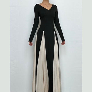 Long sleeve v neck contrast patchwork maxi dress