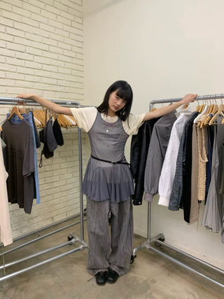 [NeverSeez] Mesh Layered Pleated Vest Dress