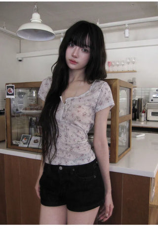 Heather Flower Short Sleeve Button T-Shirt - 3 Colors