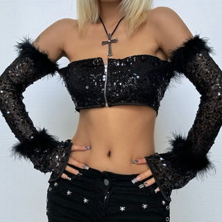 Long flared sleeve glitter feather off shoulder top