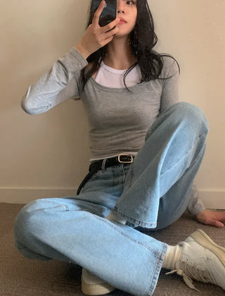U-neck long-sleeved layered T-shirt