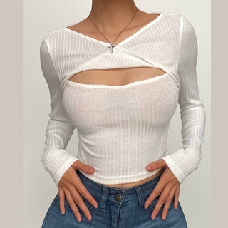 Long sleeve knitted hollow out ribbed cross front crop cut out top