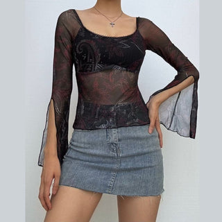 Long flared sleeve abstract mesh top