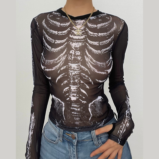 Sheer mesh contrast print see through gloves long sleeve top