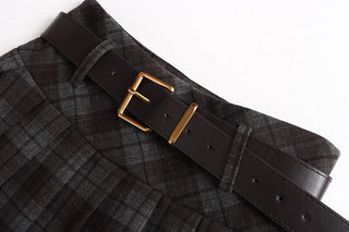 (2 colors) Retro check A-line pleated mini skirt