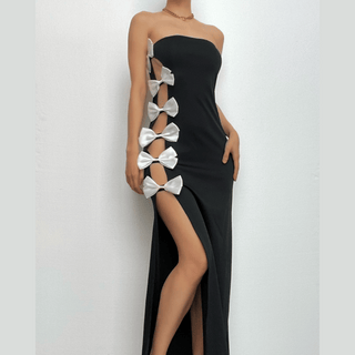 Bowknot contrast slit irregular backless tube maxi dress - Final Sale