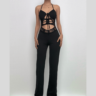 Halter hollow out solid backless pant set