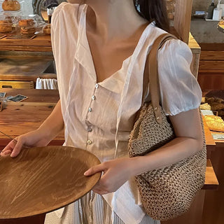 Button Ribbon Summer Short-Sleeve Blouse