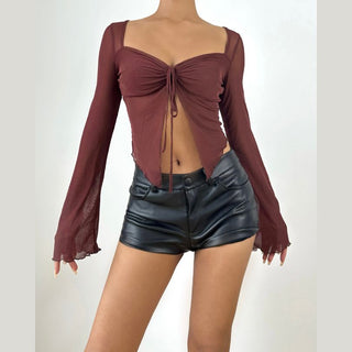 Sweetheart neck long sleeve mesh crop top