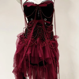 Mesh velvet patchwork lace hem beaded midi dress