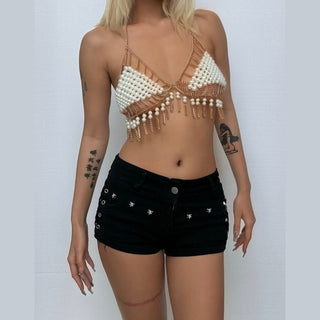 Halter tassels beaded metal chain hollow out cut out top