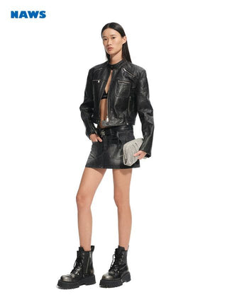 [NOTAWEAR] Cropped Moto Jacket with Cracked  Texture