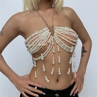 Metal chain beaded hollow out backless cut out top