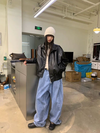 [NEVERSEEZ] Stand Collar Oversized PU Jacket