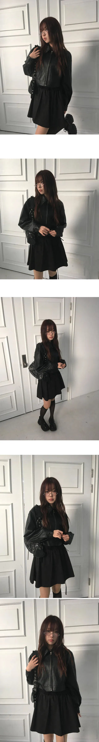 Single-collar half-crop leather jacket - 3 colors