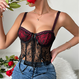 Lace v neck ribbon self tie backless cami top