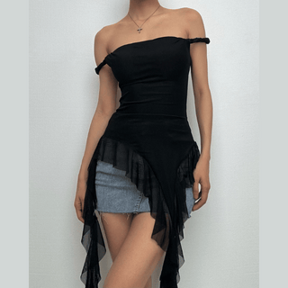 Off shoulder ruffle irregular mesh top