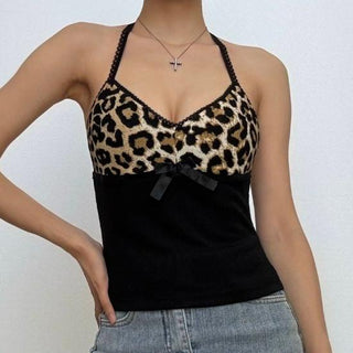 Halter v neck leopard print bowknot top