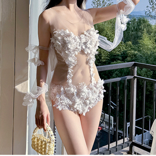 Lace mesh flower applique zip-up bodysuit