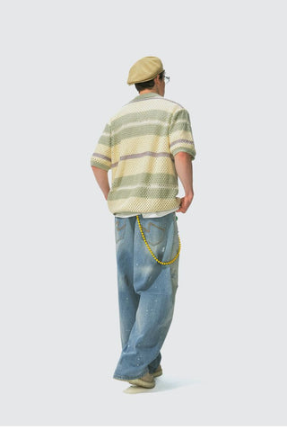 [Monterest] Open Knit Striped Short Sleeve Cardigan