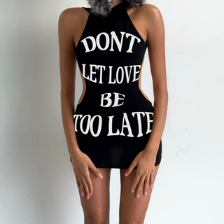 Crewneck sleeveless letter print hollow out cut out mini dress