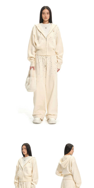 [NOTAWEAR] Rhinestone Hooded Zip-Up Knit  Cardigan