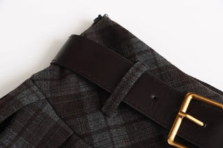 (2 colors) Retro check A-line pleated mini skirt