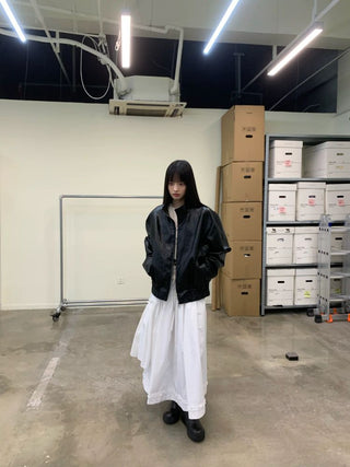 [NEVERSEEZ] Stand Collar Oversized PU Jacket