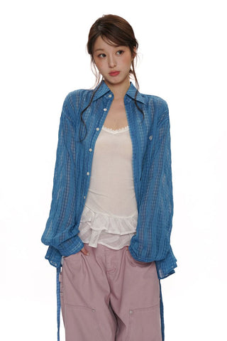 [Moromoro2] Sheer Plaid Mesh Tie-Back Shirt