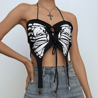 Halter butterfly print lace up backless top