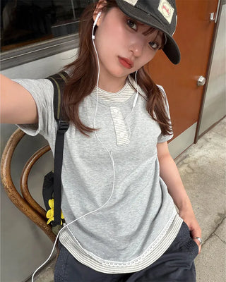 Striped layered Henley neck half T-shirt