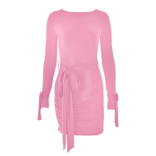 Long sleeve bowknot ruched knotted mini dress