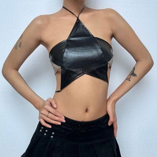 Halter PU leather star pattern backless crop top