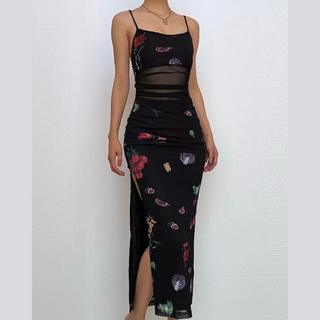High slit print mesh backless cami midi dress