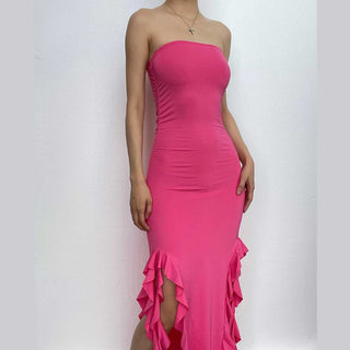 Solid slit irregular ruffle ribbon backless tube midi dress